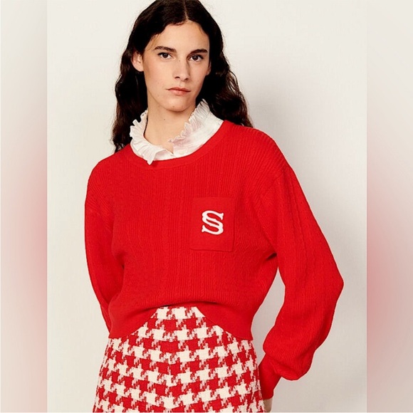 Sandro Paris Dorian Cropped Red Sweater Embroidered Monogram S Pocket Cable Knit - Picture 1 of 16